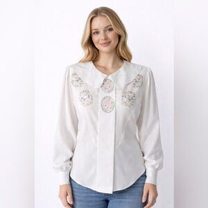 Femme Rouge Vintage Ivory Embroidered Sailor Collar Blouse Japan Cottagecore M